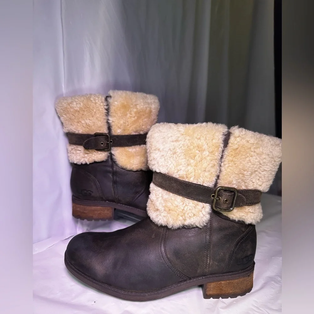 UGG Tan Shearling Buckle Boots